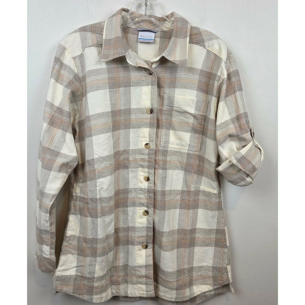 Columbia Womens Holly Hideaway Flannel Plaid Roll Tab Long Sleeve Shirt Medium